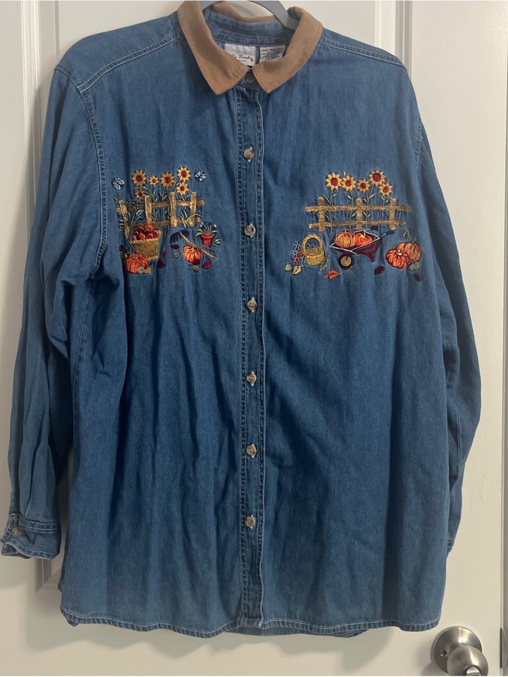 Bobbie Brooks Blue Denim Button-Down with Fall Embroidery and Tan Collar